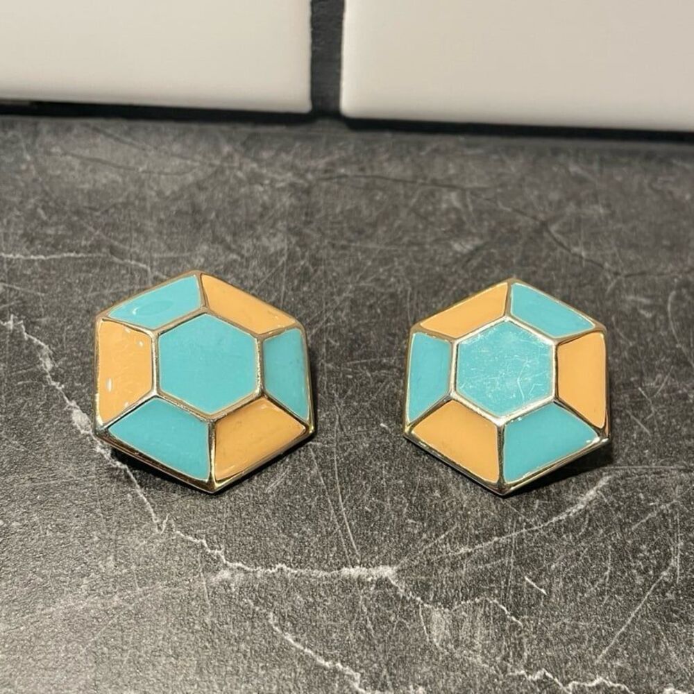 Vintage Earrings Large Turquoise and Cream Enamel Gold Tone
